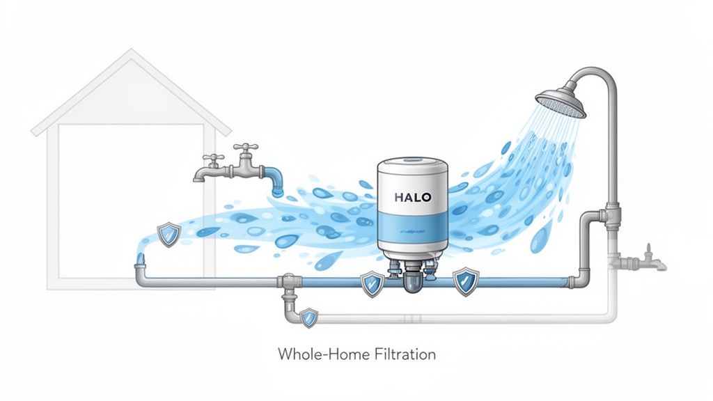 Diagram illustrating a HALO whole-home water filtration system providing clean water to household fixtures.