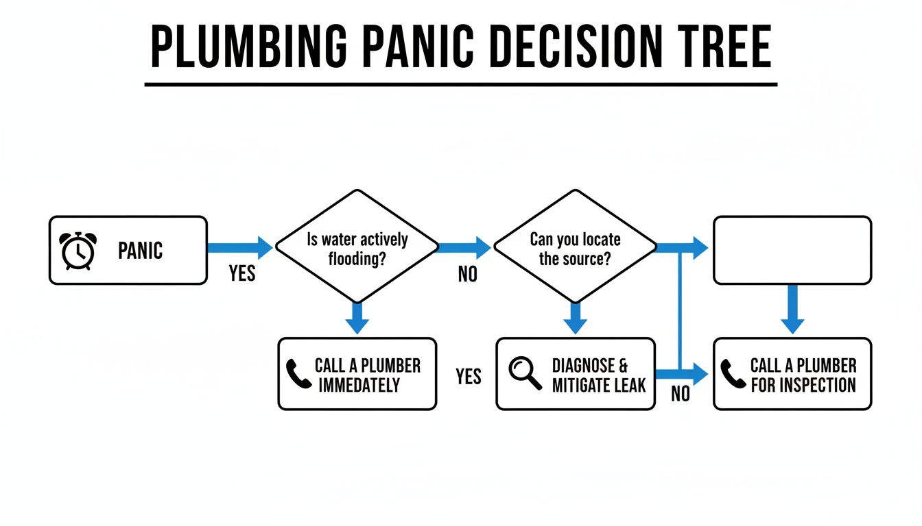A plumbing panic decision tree flowchart, guiding actions for active flooding, leak detection, and plumber calls.