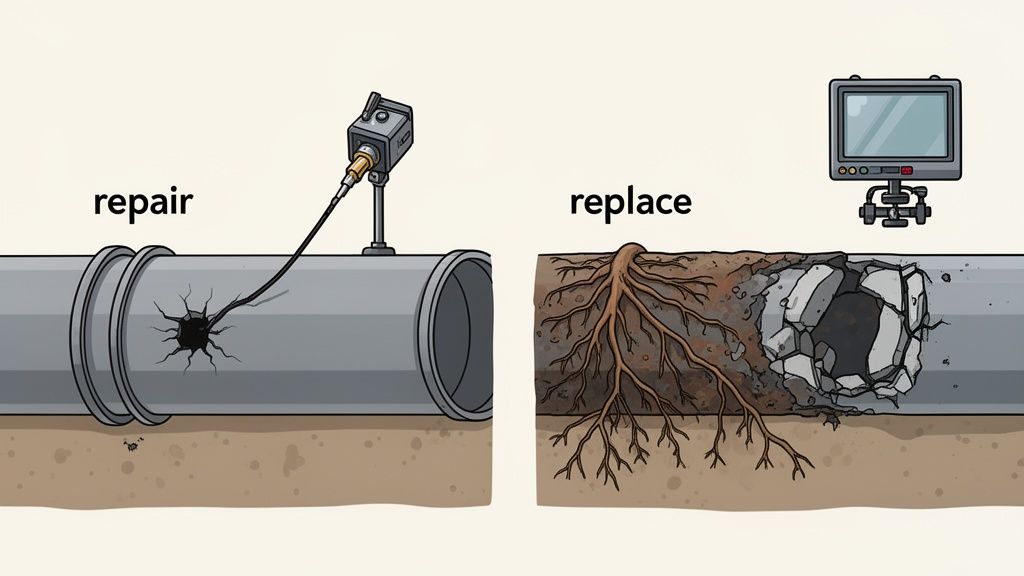 Illustration showing pipe repair using a camera for minor cracks versus pipe replacement for severe root damage.