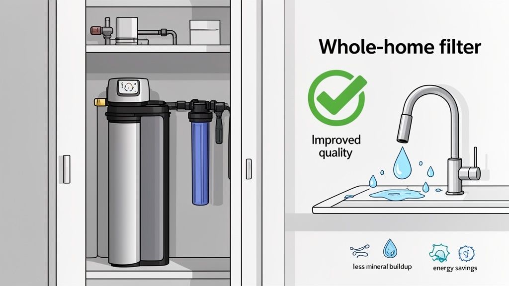 Illustration of a whole-home water filtration system providing improved water quality, less mineral buildup, and energy savings.