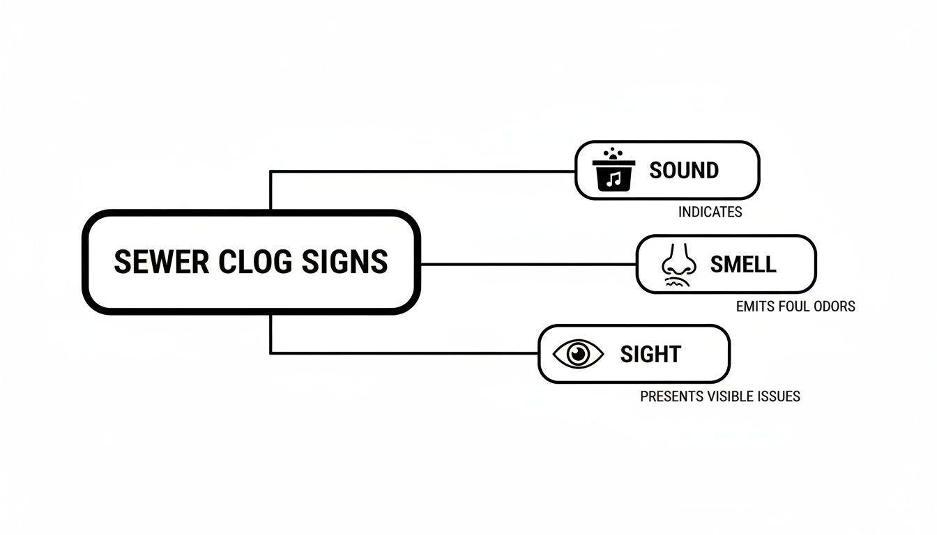 Mind map illustrating sewer clog signs, categorized by sound, smell, and sight indicators.