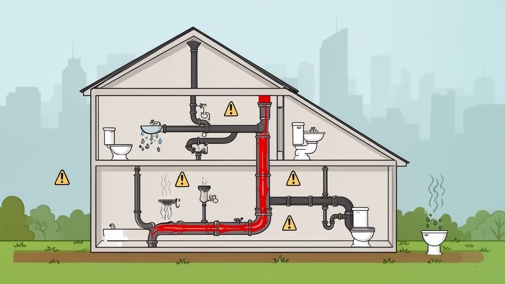A cartoon diagram shows a house's plumbing with red clogs and warning signs indicating drainage problems.