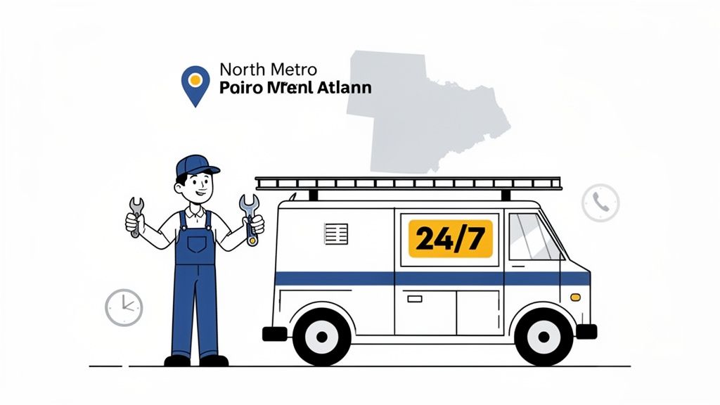 Cartoon mechanic with wrenches stands by a 24/7 service van, indicating North Metro service.
