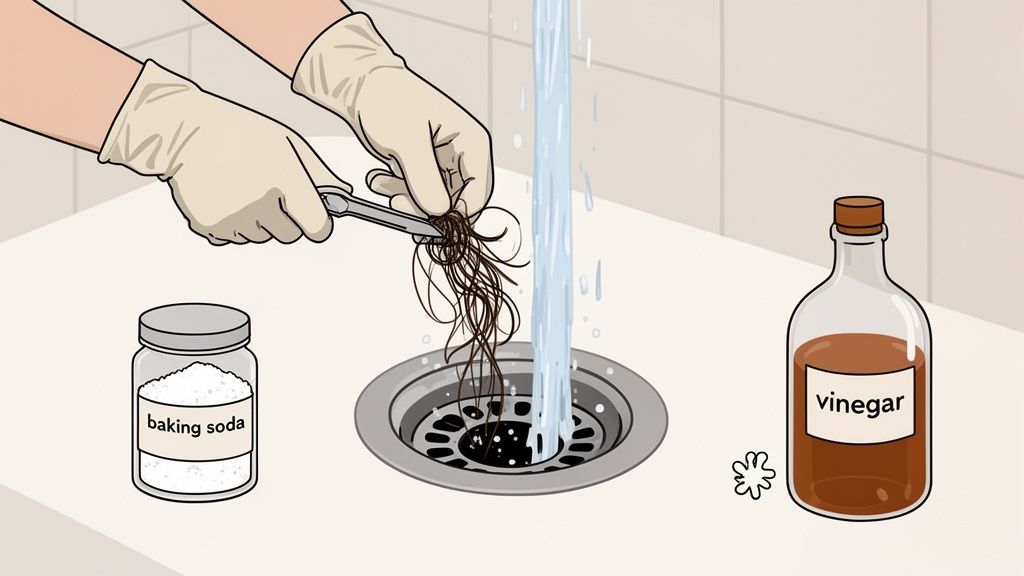 Gloved hands remove a clump of hair from a clogged drain with baking soda and vinegar nearby.