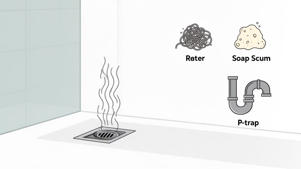 An illustration showing a shower drain emitting bad odor, with icons of tangled hair, soap scum, and a P-trap.