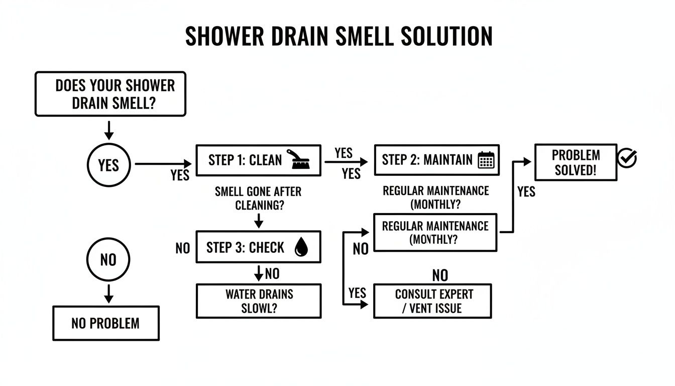 Flowchart outlining steps to identify and solve a smelly shower drain issue.