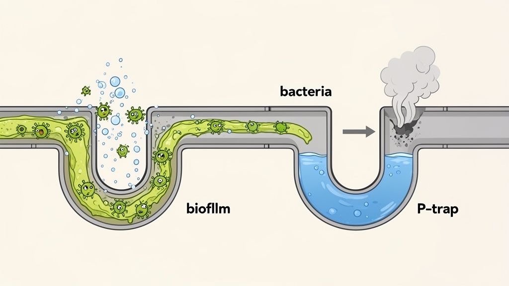 Diagram illustrating how bacteria and biofilm accumulate in a P-trap, leading to drain odors and blockage.
