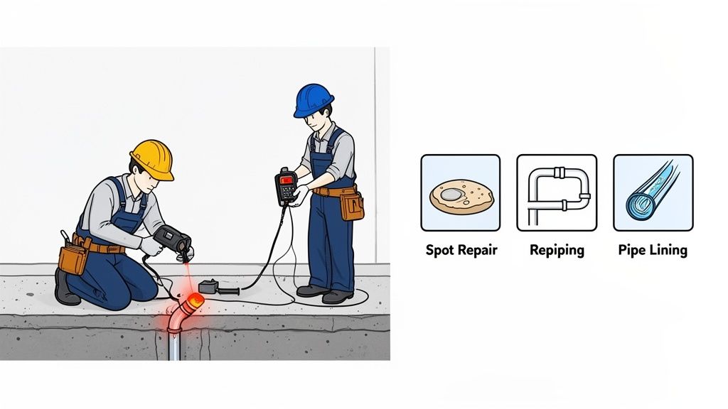 Two plumbers inspecting an underground pipe with equipment, next to icons depicting various pipe repair methods.