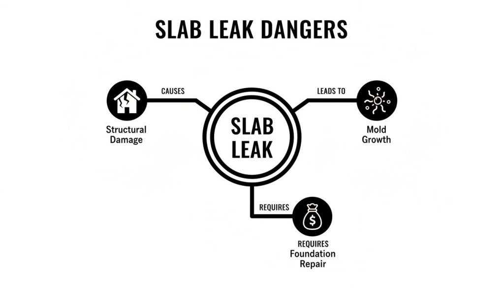 Infographic illustrating the dangers of a slab leak, which causes structural damage, leads to mold growth, and requires foundation repair.