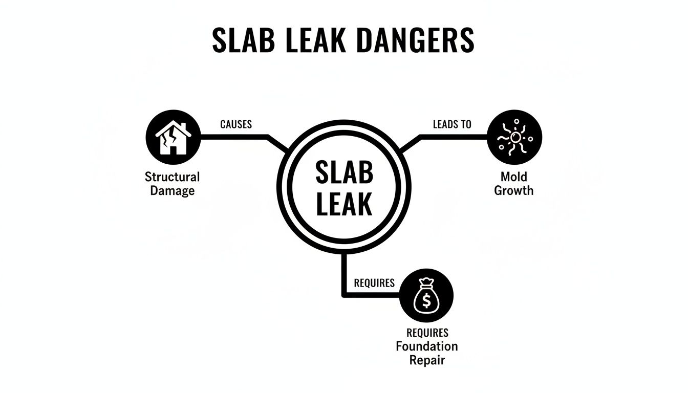 Infographic illustrating the dangers of a slab leak, which causes structural damage, leads to mold growth, and requires foundation repair.