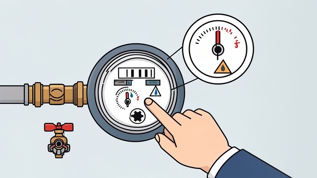 A hand points to a water meter with gauges, indicating a reading or check.