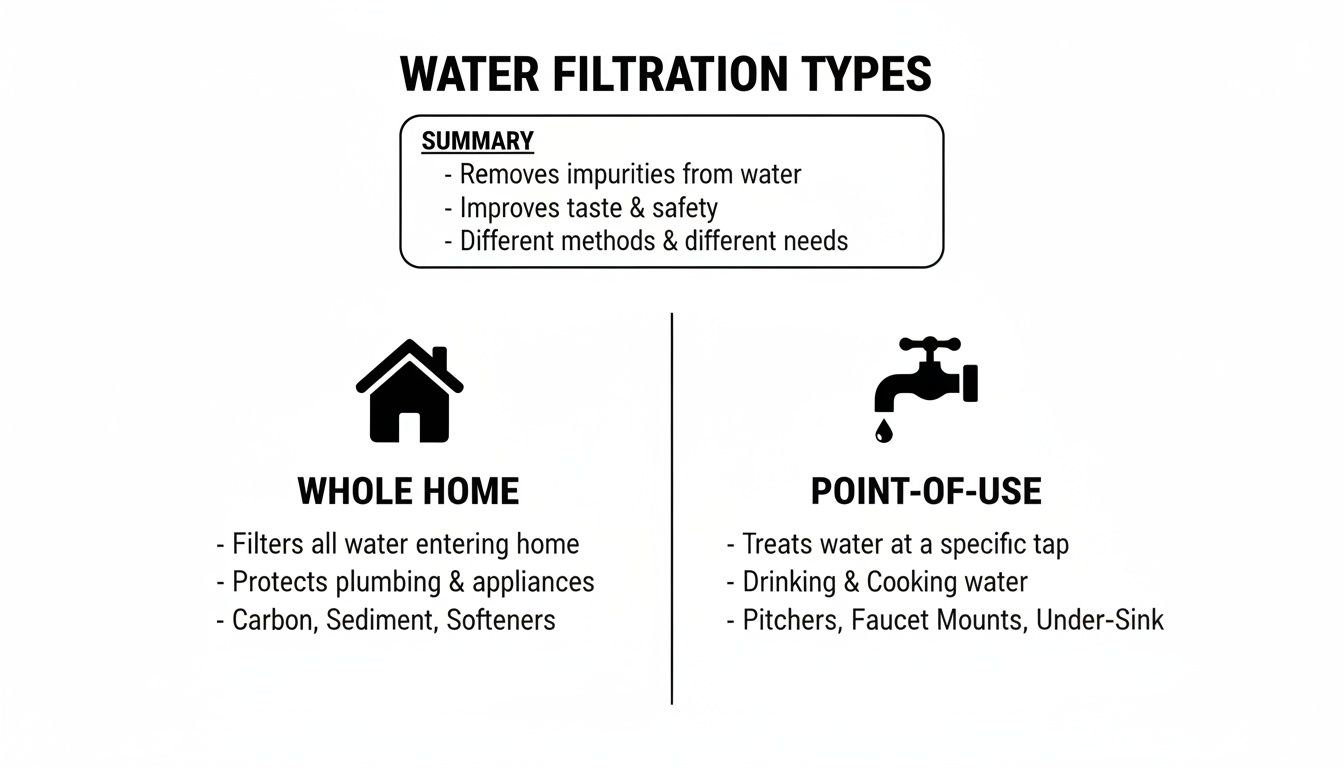 Infographic comparing whole home and point-of-use water filtration types, summarizing their benefits and applications.