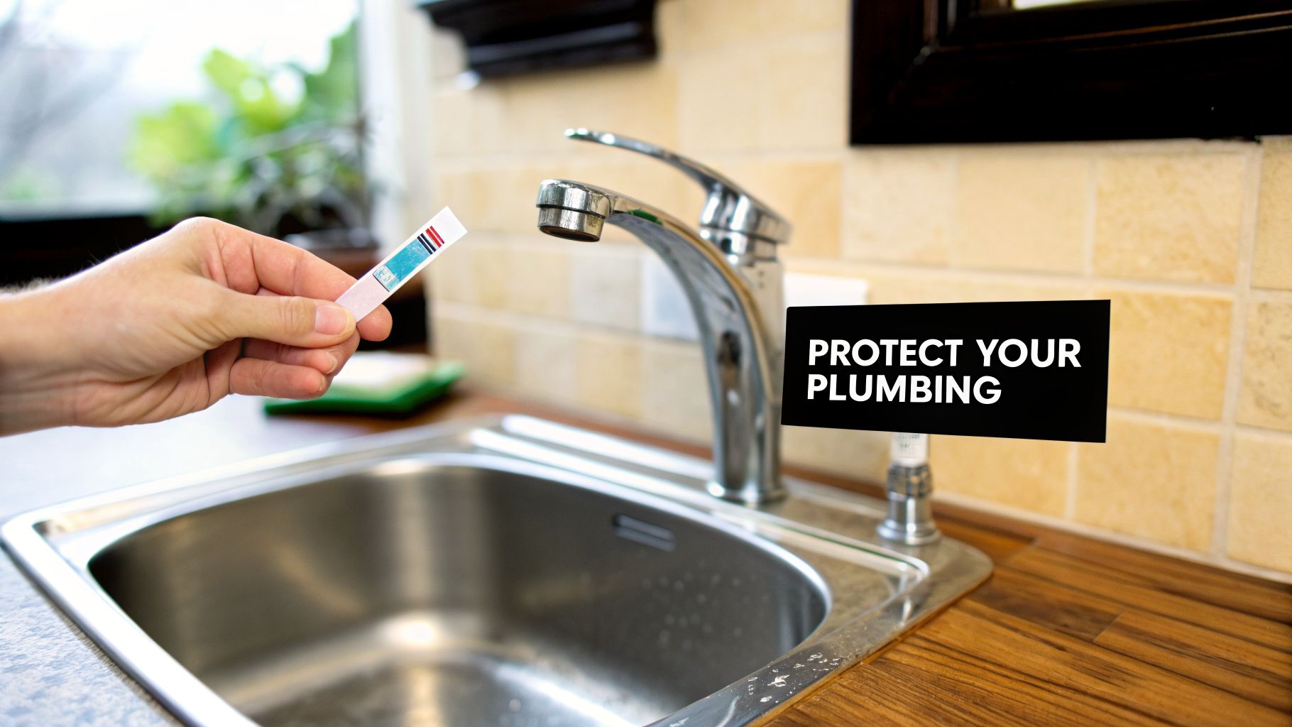 A hand holds a water test strip over a kitchen sink with a faucet, near a "PROTECT YOUR PLUMBING" sign.