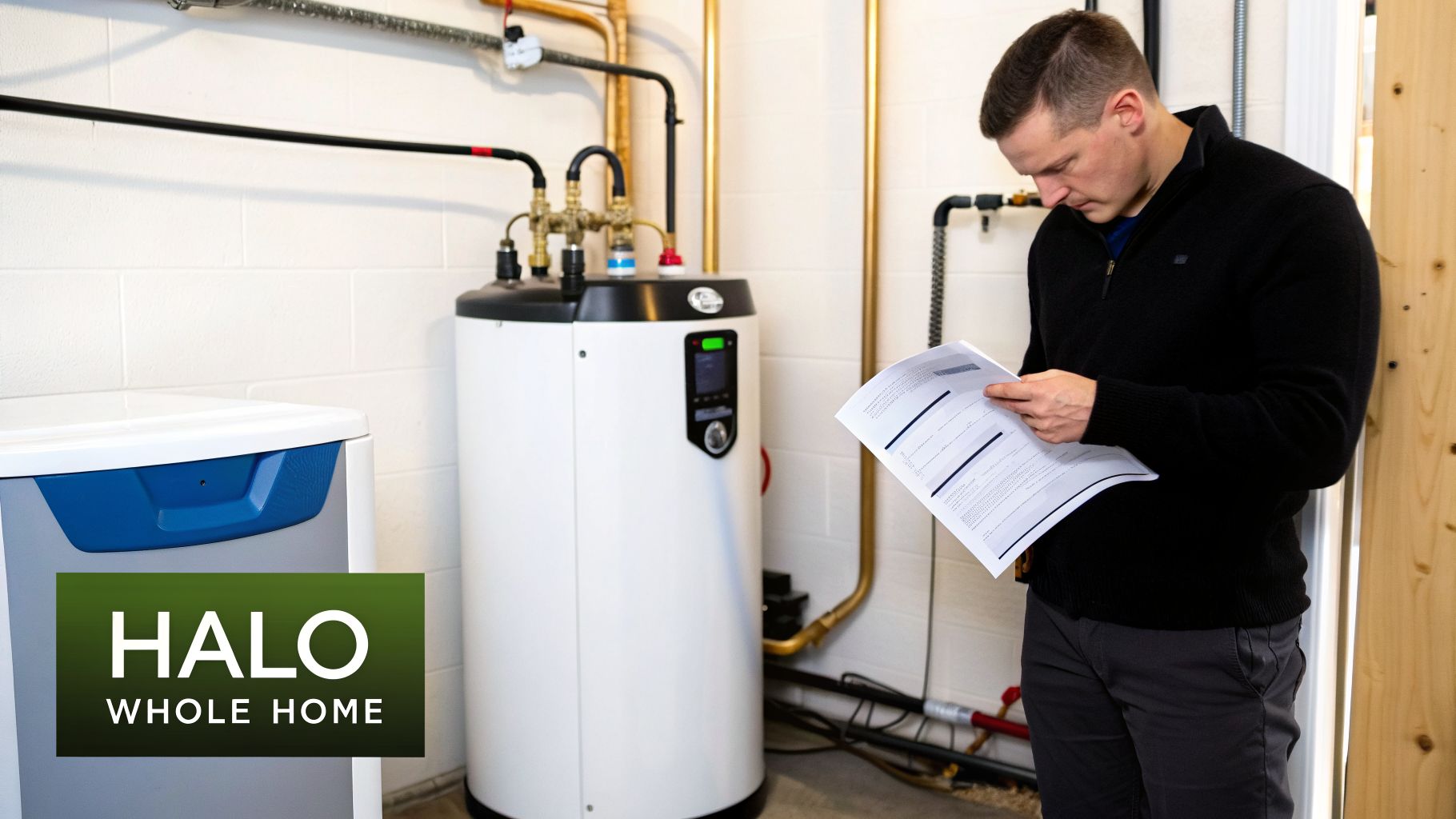 Man reading instructions next to a modern whole home water filtration and heating system.