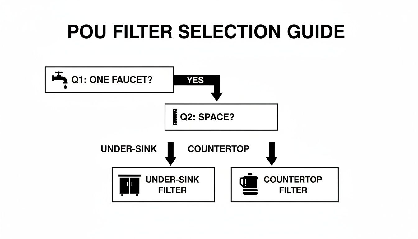 Flowchart for selecting POU water filters based on one faucet and available space, leading to under-sink or countertop options.
