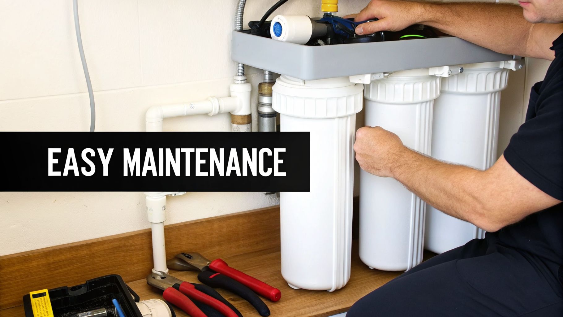 A person performing maintenance on a multi-stage home water filtration system, with 'EASY MAINTENANCE' text.