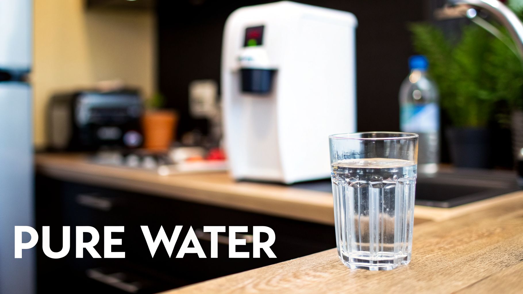 A glass of clear pure water on a wooden kitchen counter, with a white water dispenser in the background.