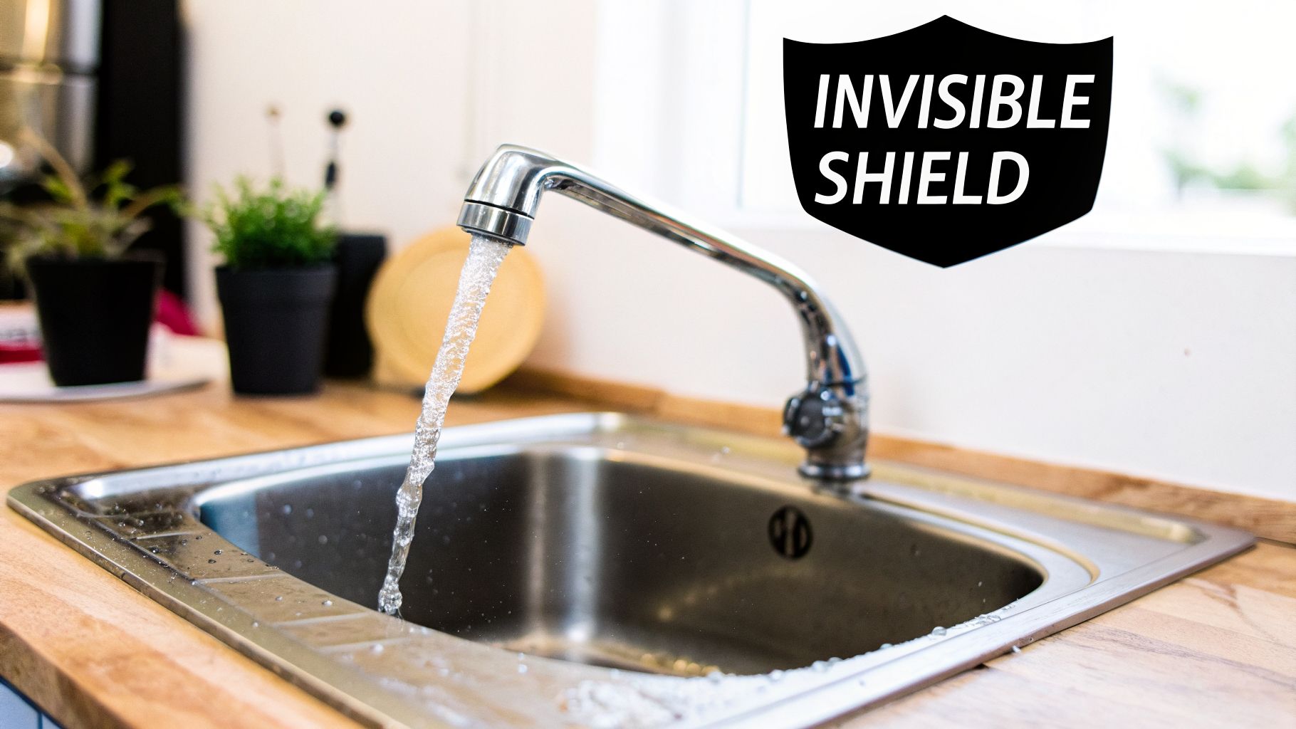 Water streams from a modern chrome faucet into a stainless steel kitchen sink.