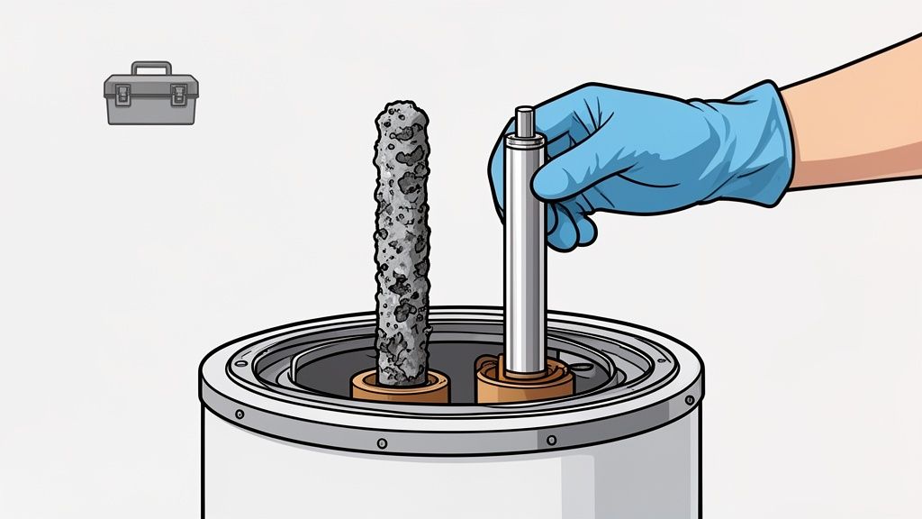 A gloved hand replaces a corroded water heater anode rod with a new, clean one.