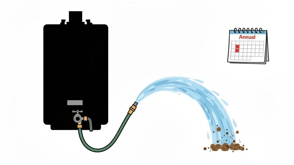 Water heater flushing process with a hose, showing dirty water and a calendar for annual maintenance.