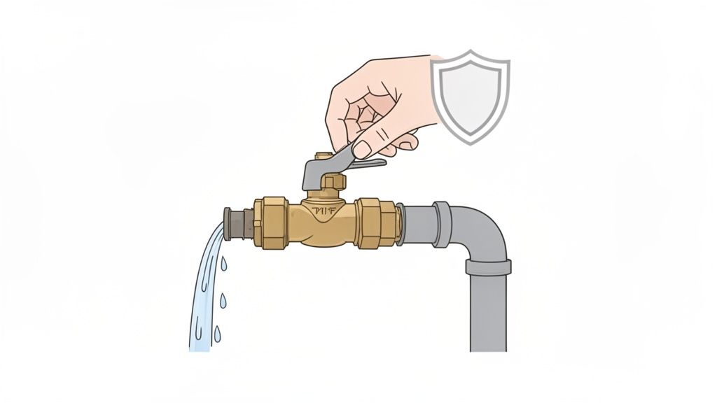 A hand operates a brass water valve on a pipe, with water flowing out; a shield icon indicates protection.