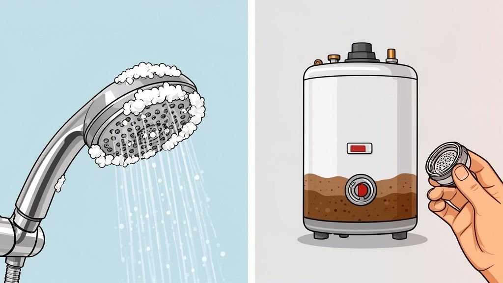 Illustrates a shower head with foam and a water heater showing sediment and a clogged filter.