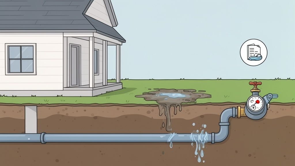 An illustration showing an underground water pipe leaking near a house, causing a puddle on the ground. A water meter and a bill icon are visible.