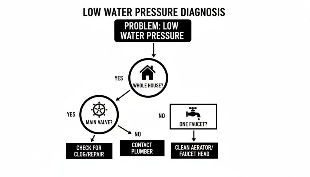 A flowchart diagramming a low water pressure diagnosis process for a home.