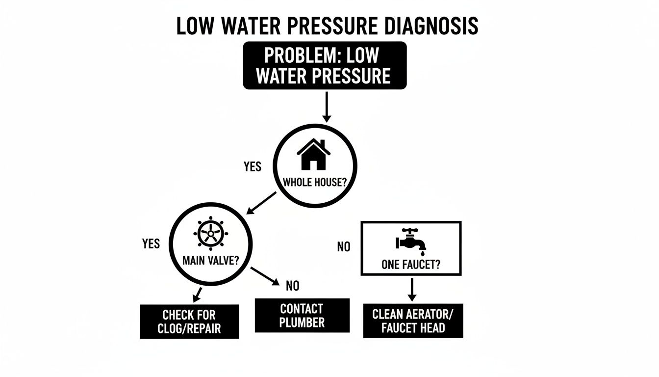 A flowchart diagramming a low water pressure diagnosis process for a home.