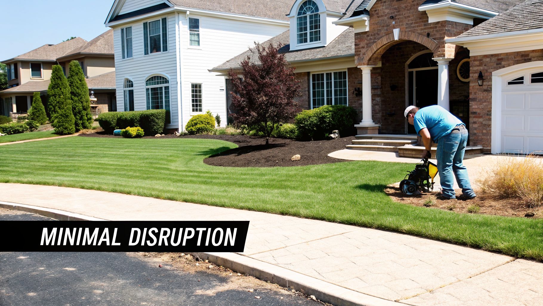 A man uses a small landscaping tool on a well-maintained lawn next to a sidewalk and houses.