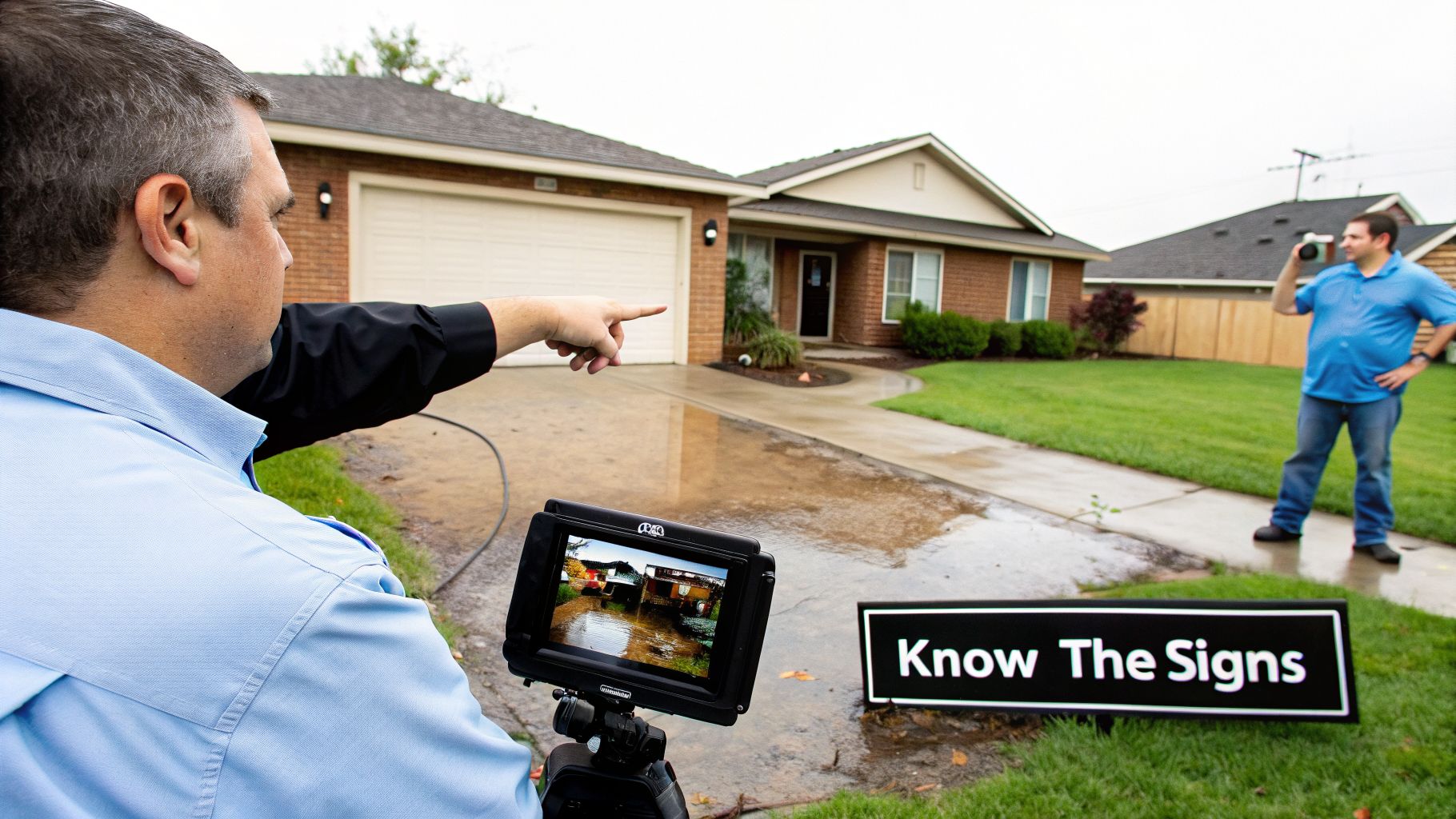 Two professionals inspect a house, one pointing at the property while viewing a monitor showing water, the other photographing the scene.