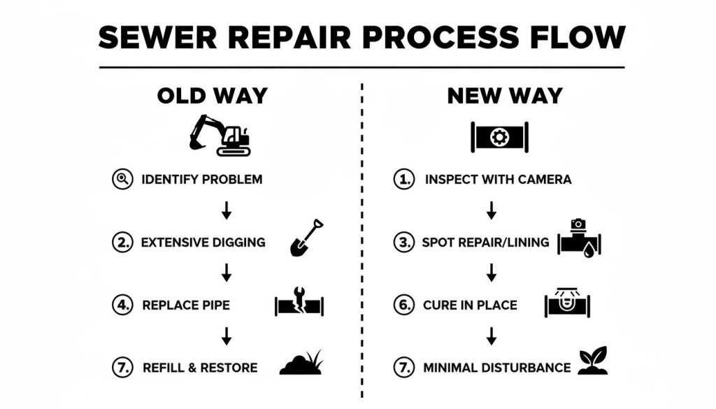 A flow chart comparing traditional extensive digging sewer repair with modern, minimal disturbance trenchless methods.