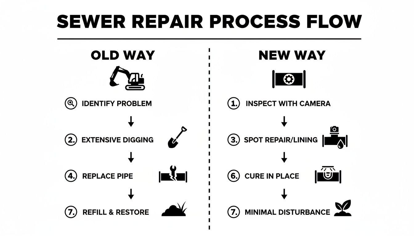 A flow chart comparing traditional extensive digging sewer repair with modern, minimal disturbance trenchless methods.