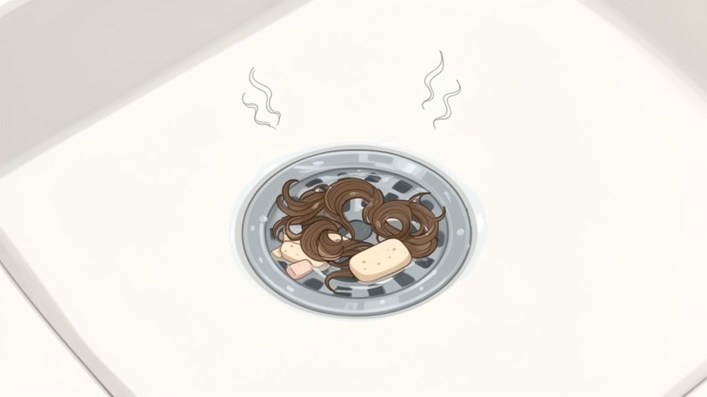 A dirty sink drain filled with tangled brown hair and food scraps, emanating a bad smell.