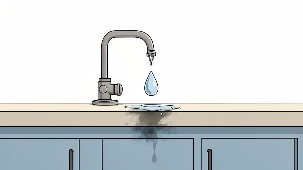 A cartoon illustration of a leaking kitchen faucet dripping water onto a countertop, causing a stain below.