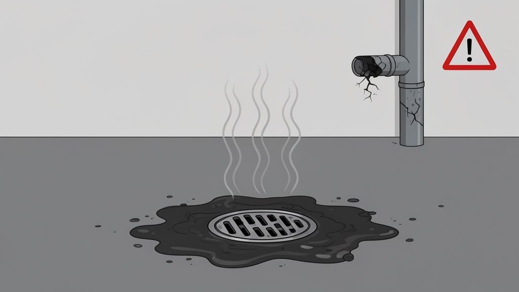 A plumbing emergency: broken pipe, overflowing drain with dark liquid and smoke, warning sign.