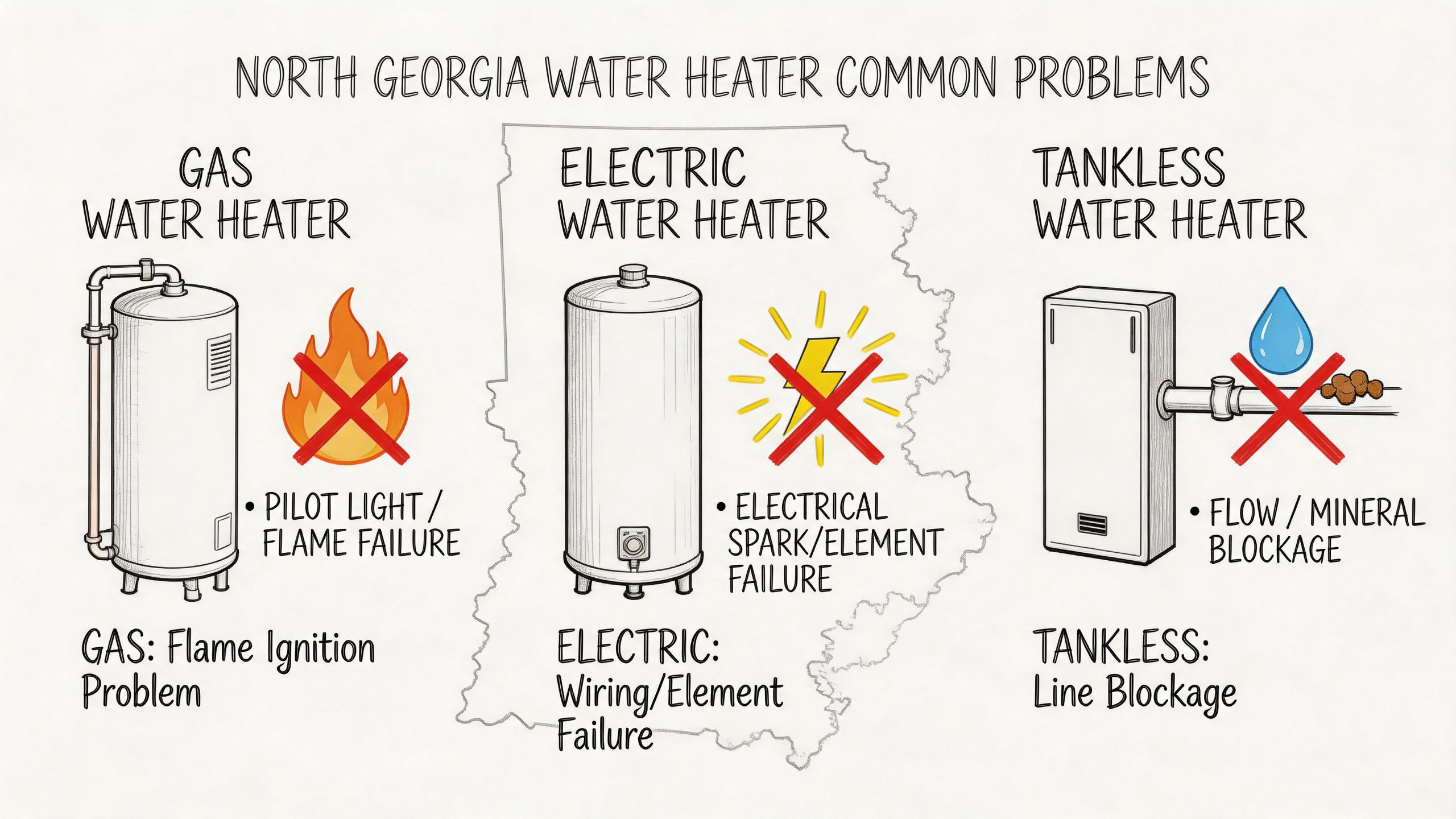 An infographic illustrating common repair problems for gas, electric, and tankless water heaters in North Georgia.