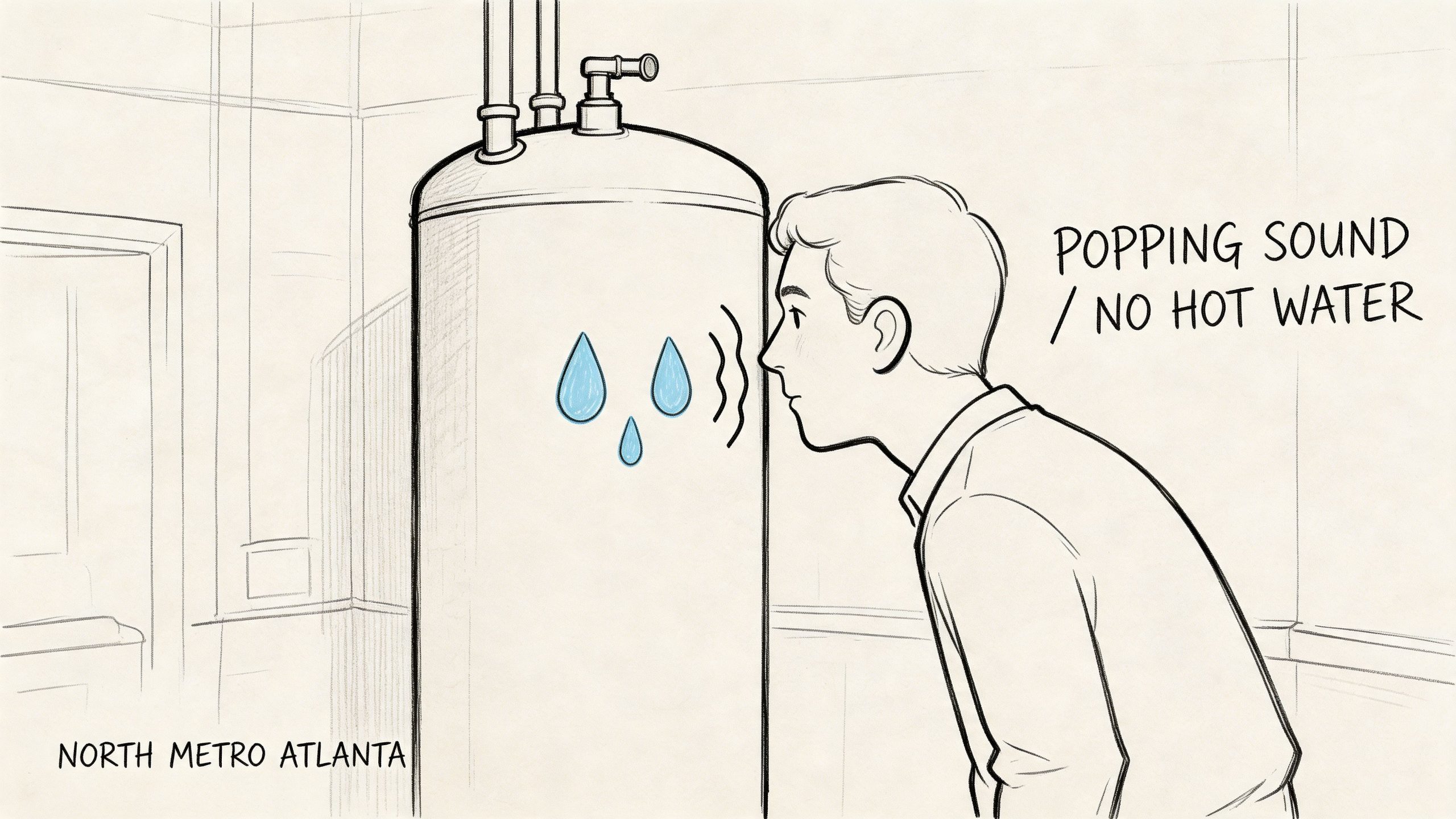 A man listening to a water heater making popping sounds in a home in North Metro Atlanta.