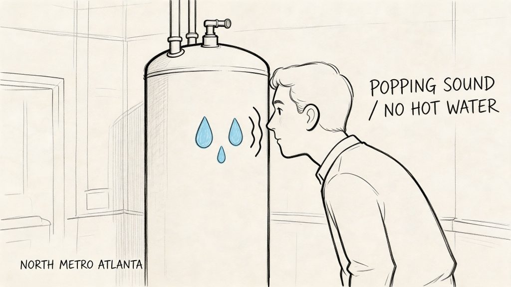 A man listening to a water heater making popping sounds in a home in North Metro Atlanta.