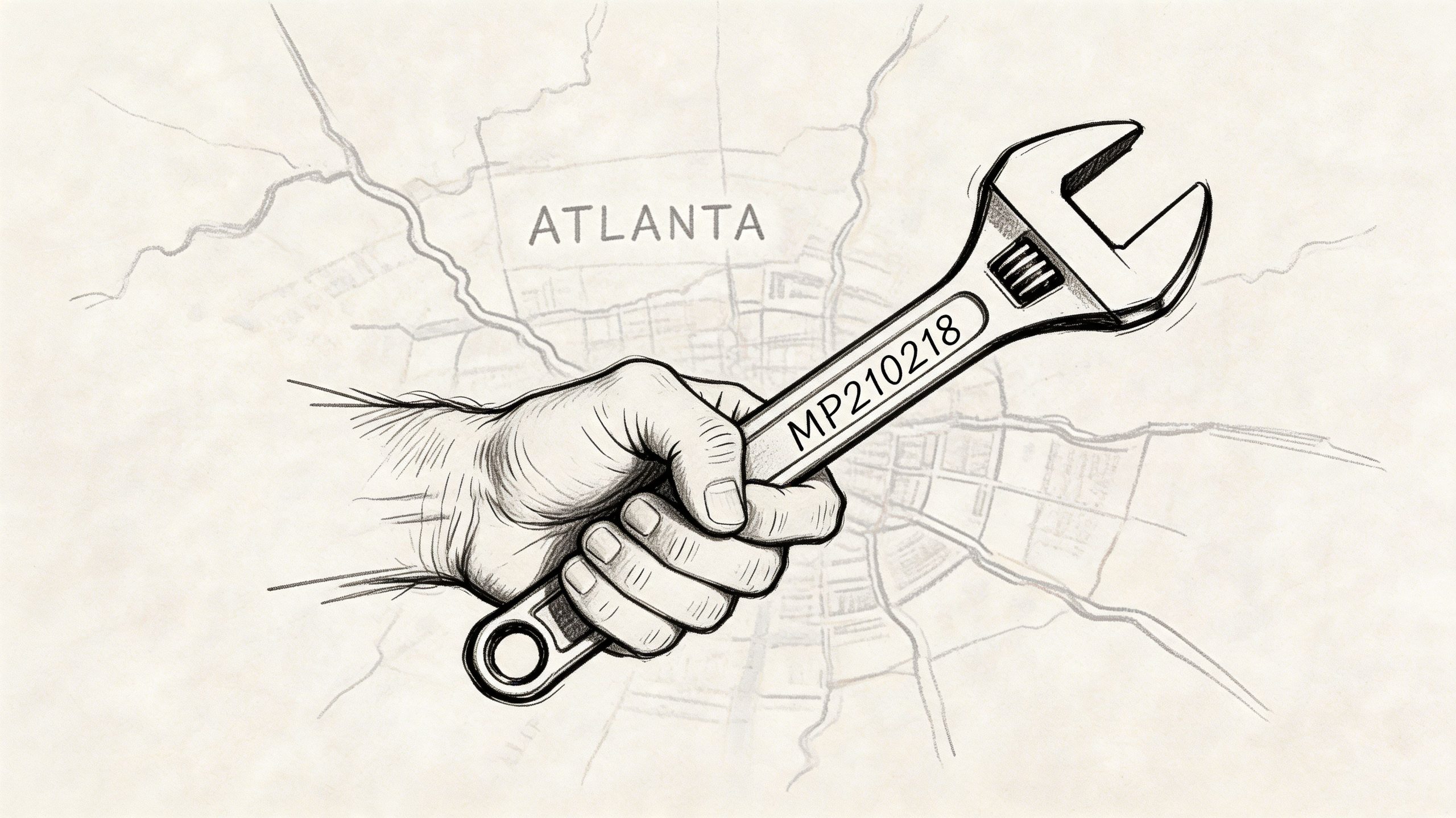 A hand holding a wrench with a code over a sketched map of the city of Atlanta.