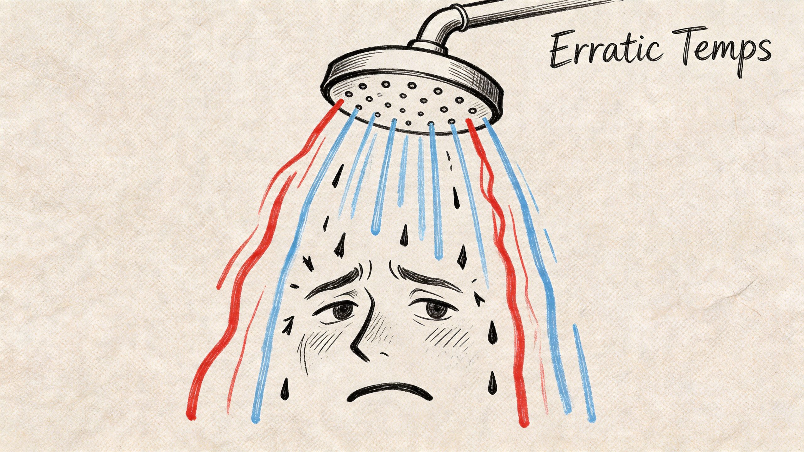A person looking distressed while standing under a shower head experiencing erratic hot and cold water temperatures.