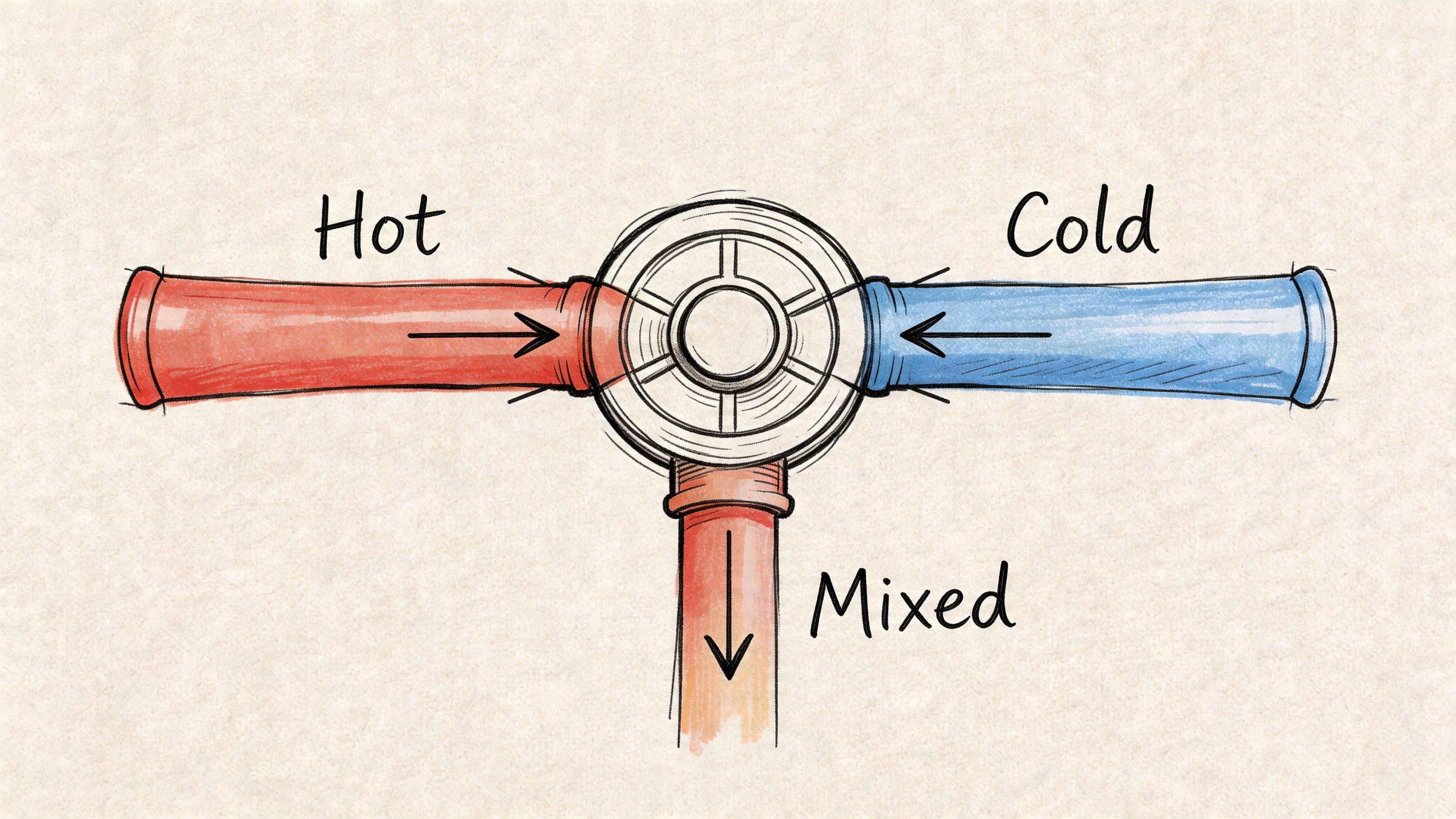 A diagram illustrating the function of a bathroom mixing valve combining hot and cold water flows.