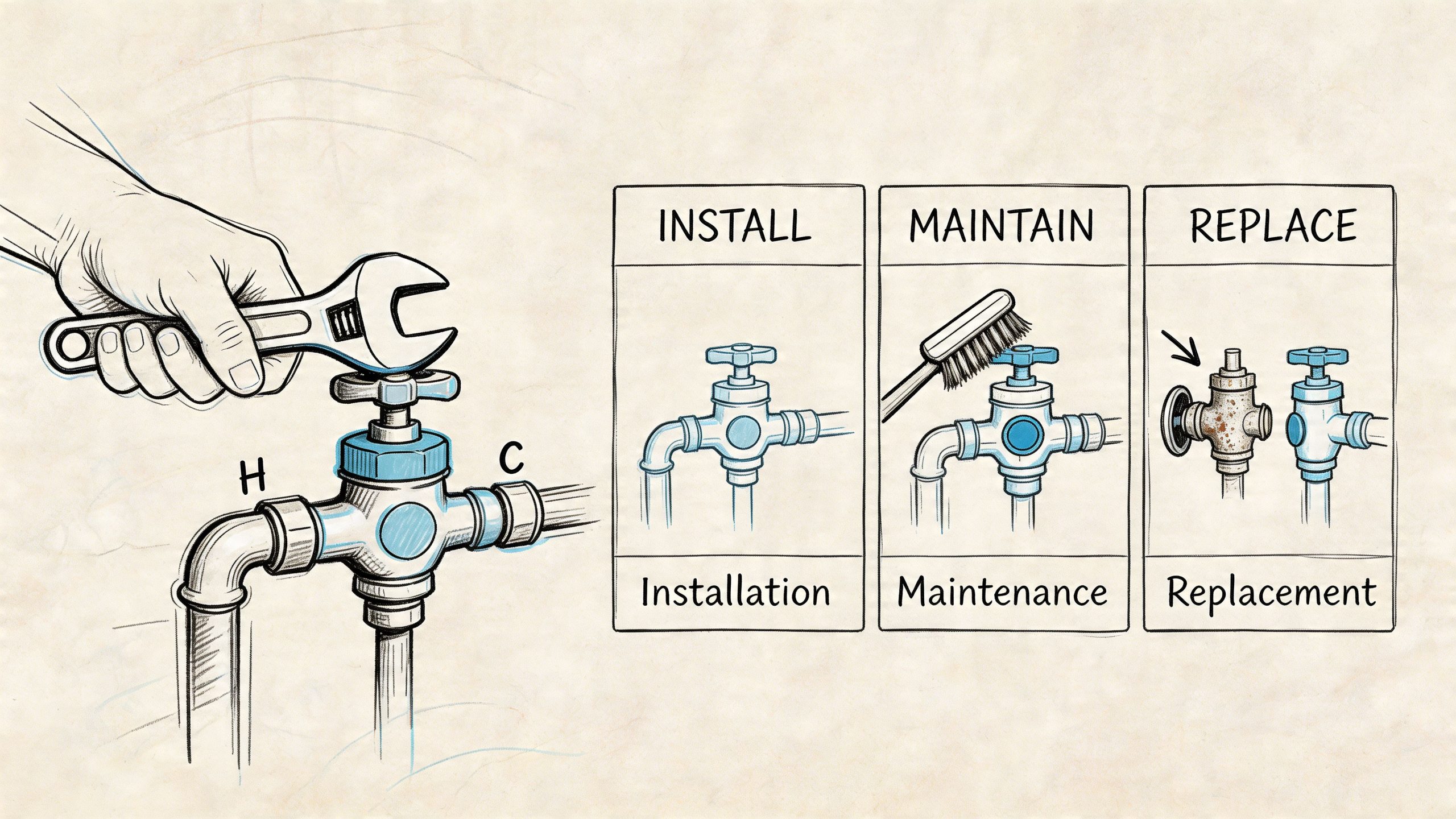 A diagram illustrating the installation, maintenance, and replacement steps for a bathroom mixing valve faucet.