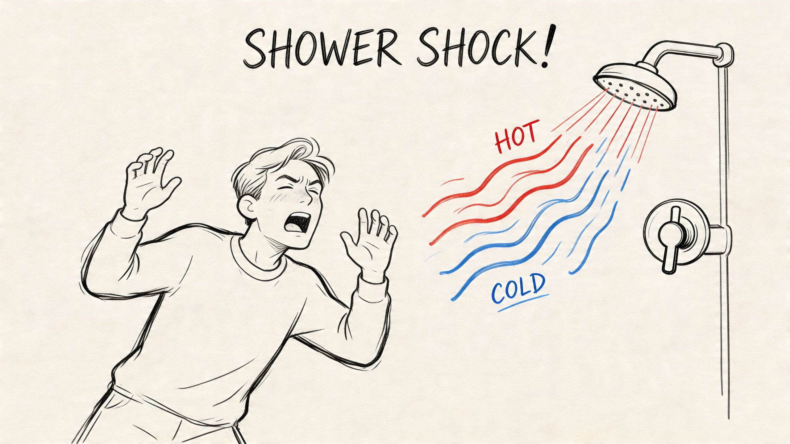 A line art illustration showing a surprised man reacting to sudden hot and cold shower water temperatures.