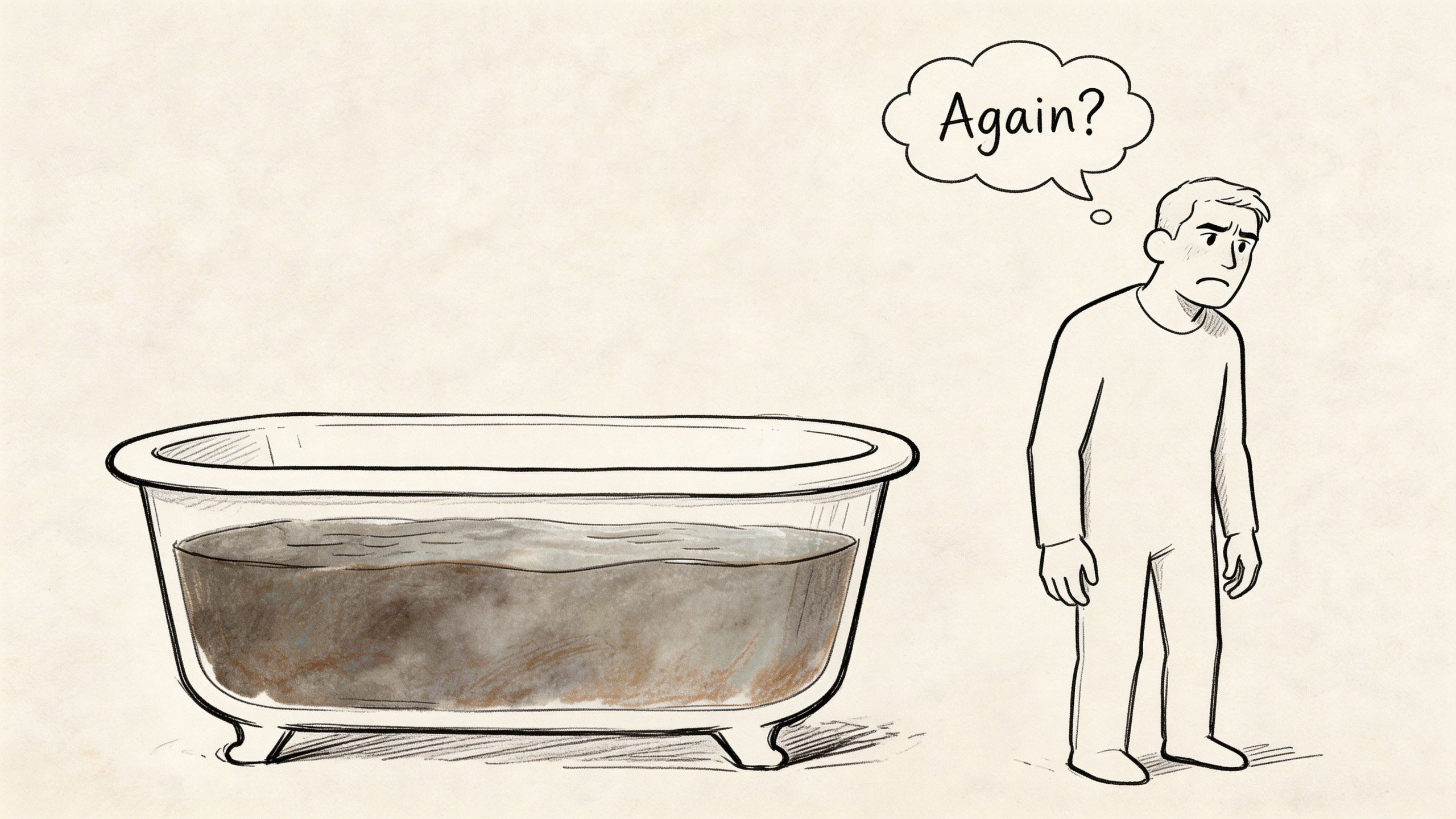 A hand-drawn illustration of a man looking distressed at a bathtub filled with dirty, murky water.