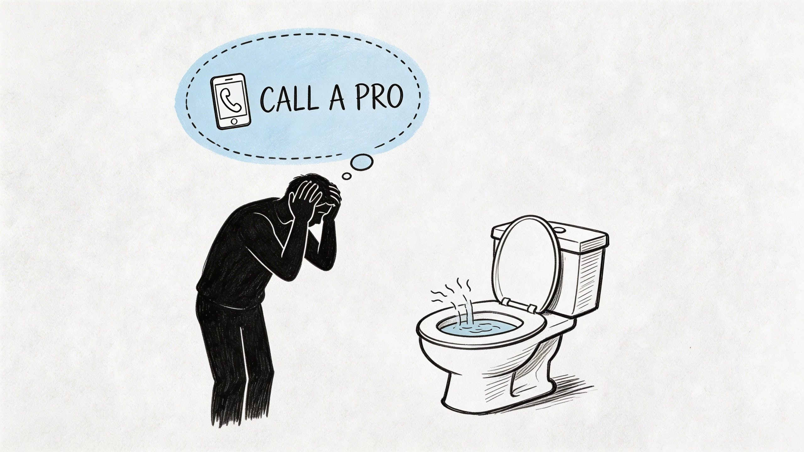 A person standing in frustration next to a toilet that is overflowing with water and plumbing issues.