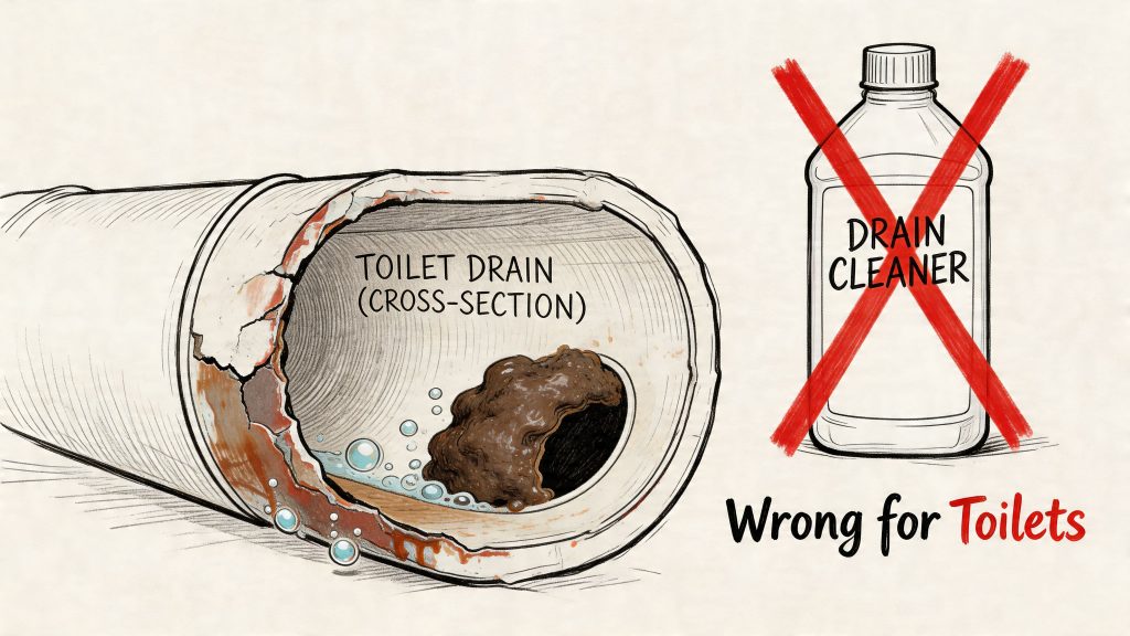 A diagram illustrating that chemical drain cleaners are not suitable for clearing toilet drain clogs.