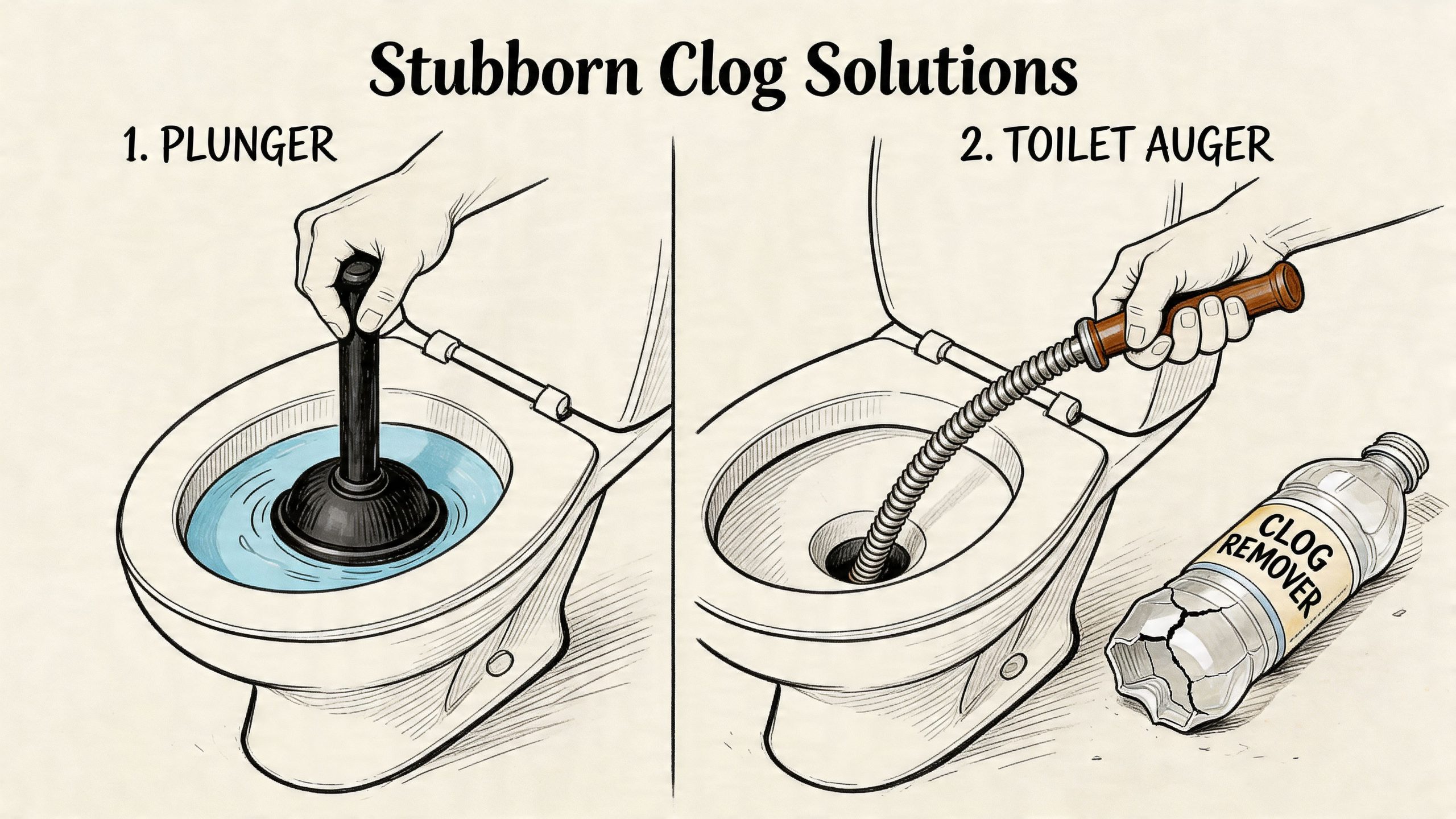 A diagram illustrating plumbing tools like a plunger and toilet auger for clearing toilet clogs.