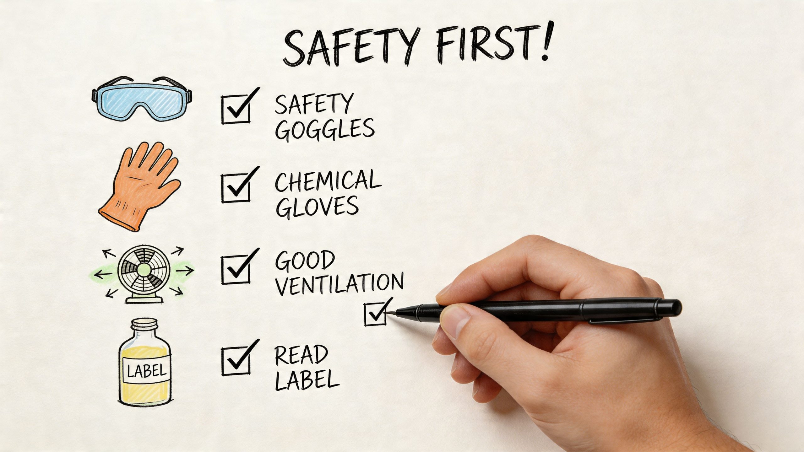 A hand checking off a safety checklist that includes goggles, chemical gloves, ventilation, and reading labels.