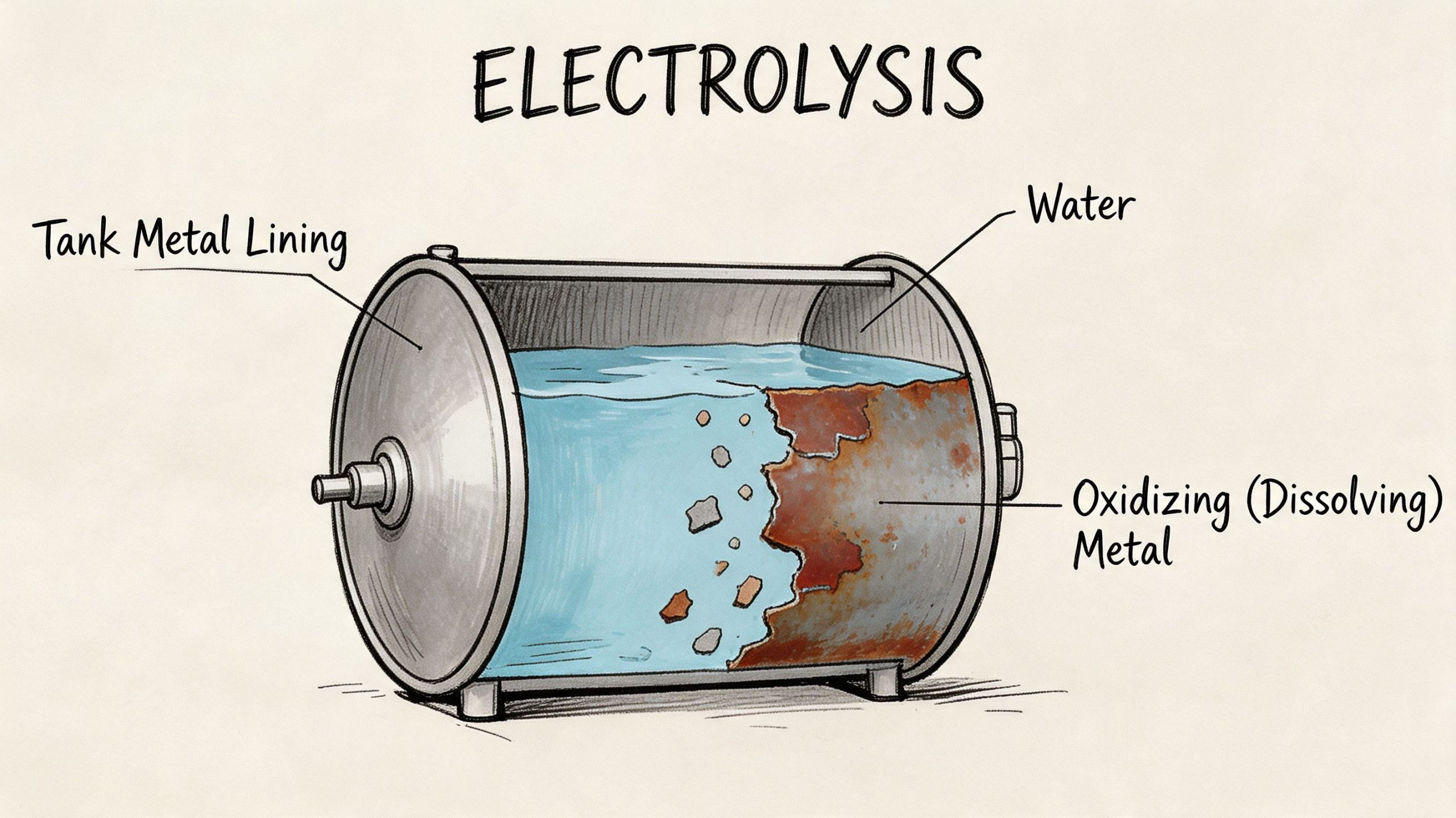 A diagram illustrating the process of electrolysis occurring inside a corroded metal water heater tank.
